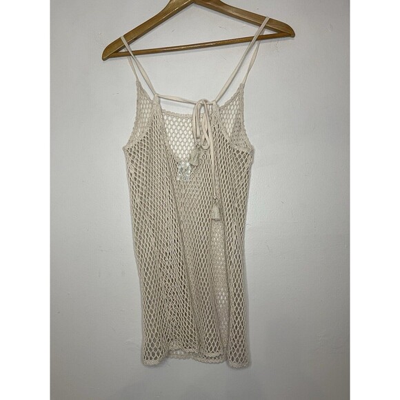 Wild Fable Womens Medium Mesh fishnet Swim coverup beige tassel tie back Dress - Picture 6 of 6